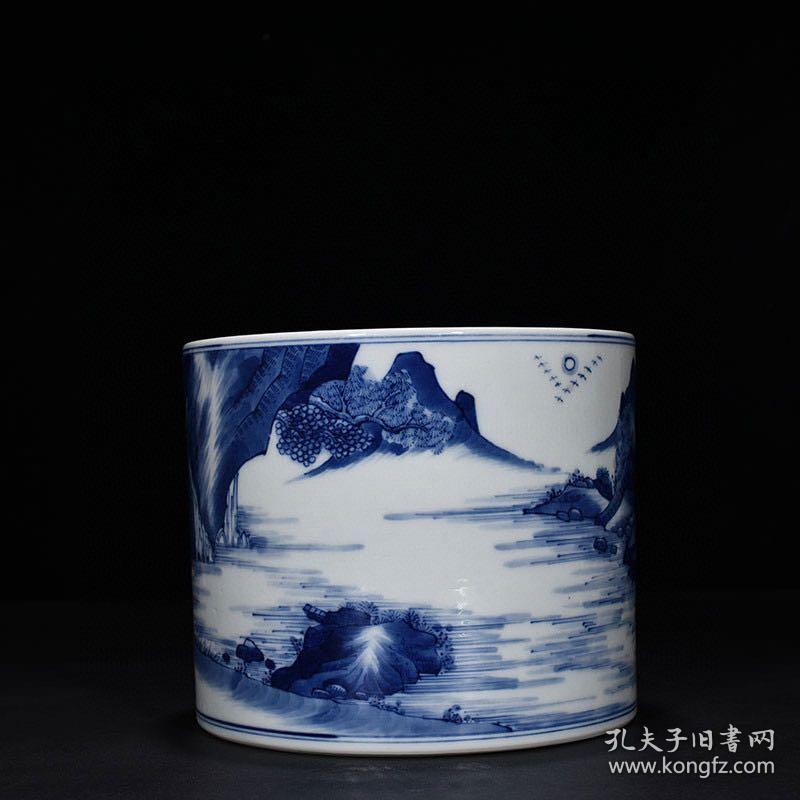 清康熙文章山斗款青花山水人物纹笔筒   古董古玩古瓷器老货收藏品