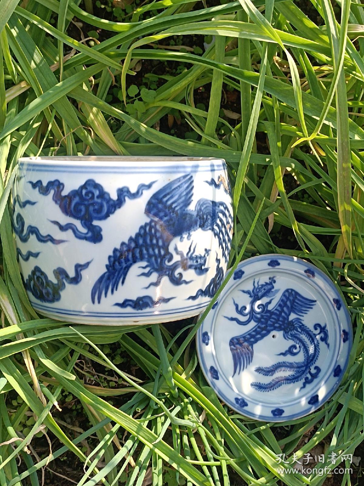 大明山德年制 明代宣德青花双凤纹蟋蟀罐 精品宣德瓷器收藏