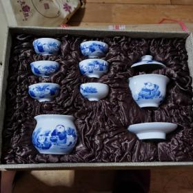 手工精品景德鎮藍花瓷茶具（李美玲教授作品，8件套木套盒裝）