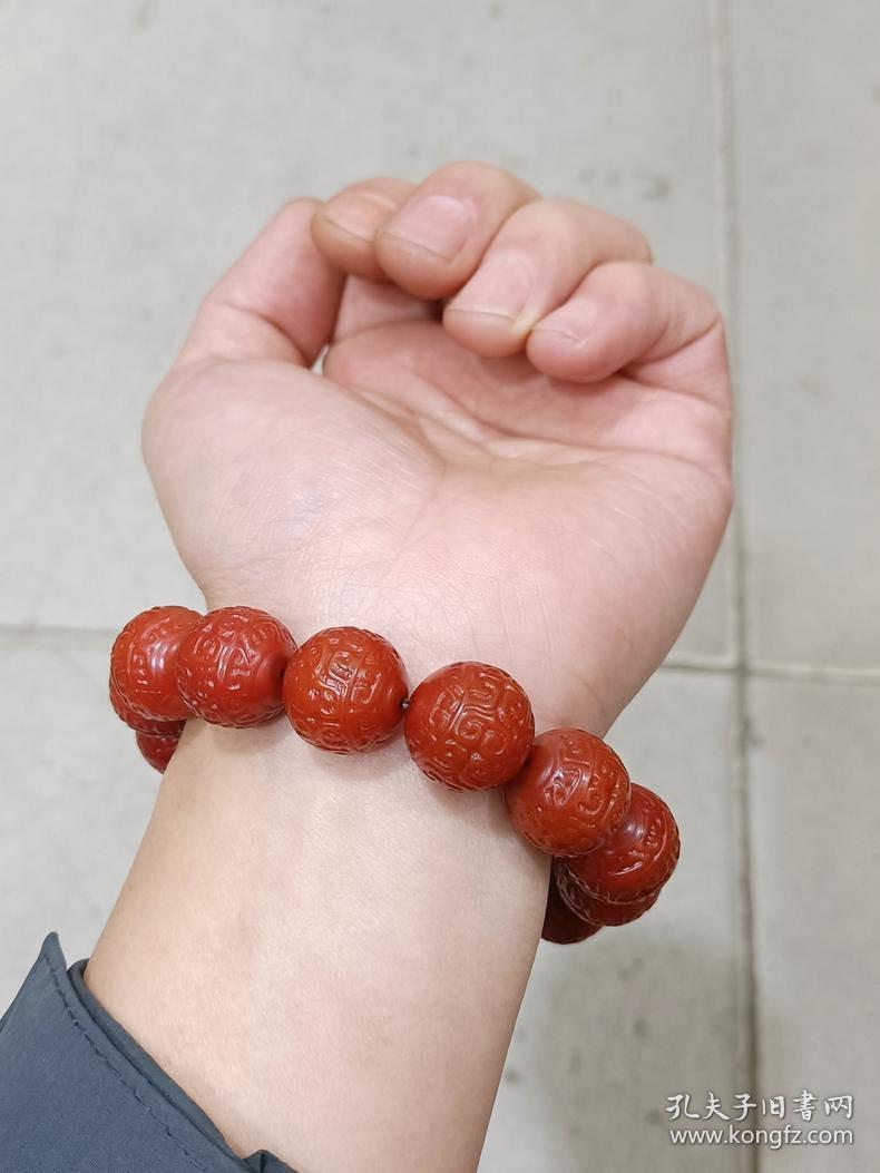 明清代老南红玛瑙满柿子红精雕勾连云纹赤珠佛珠手串