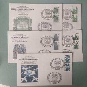德国邮票 首日封 西德1989年名胜古迹-法兰克福机场 弗赖堡教堂尖塔 慕尼黑巴戈利亚塑像 多特蒙德煤矿工人俱乐部正门 教堂   本票双联