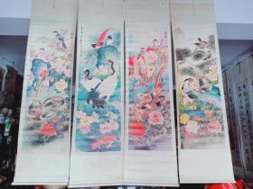 袋5--90年代宣传画 刘庆生作 花艳鸟鸣 四条屏，八种鸟类，100*32cm