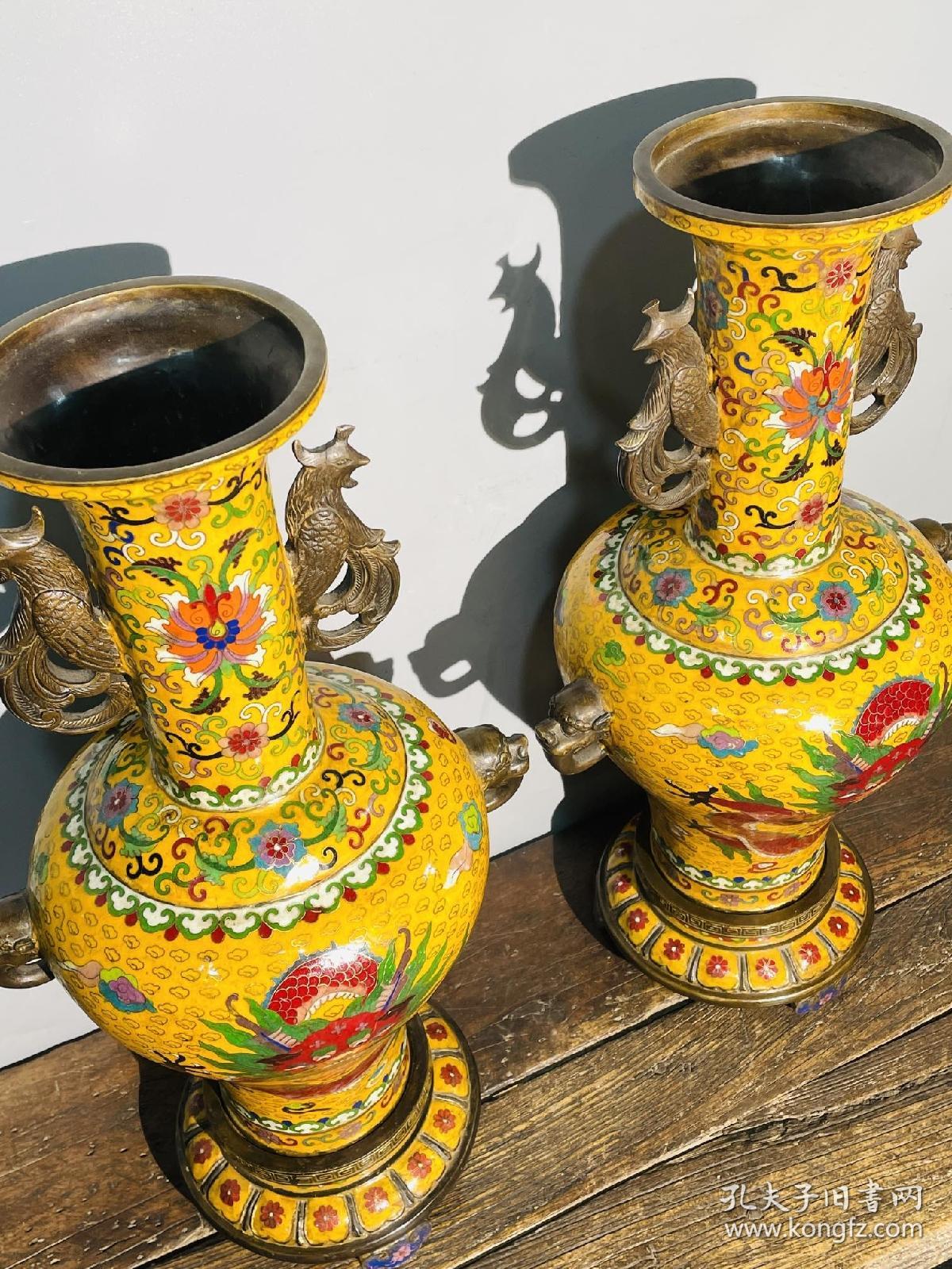 珍藏老纯铜景泰蓝大赏瓶【两体双兽耳龙凤呈祥花口瓶】掐丝珐琅彩花瓶