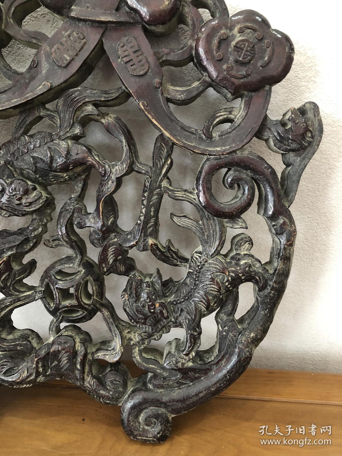 老木雕背板民国福寿三狮戏球镂空木雕樟木木雕老花板