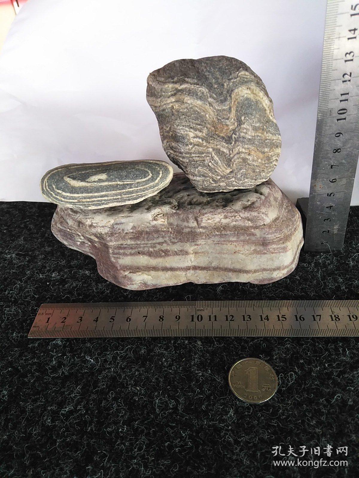 文案陈赏奇石涪江丹景石与条纹石组合摆件三块奇石合售