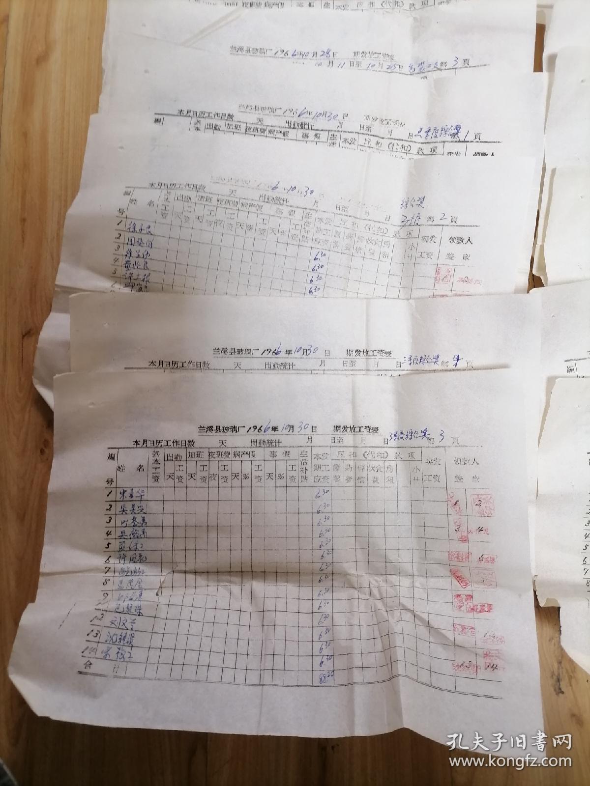 兰溪县玻璃厂1966年10月30日发放工资表13张