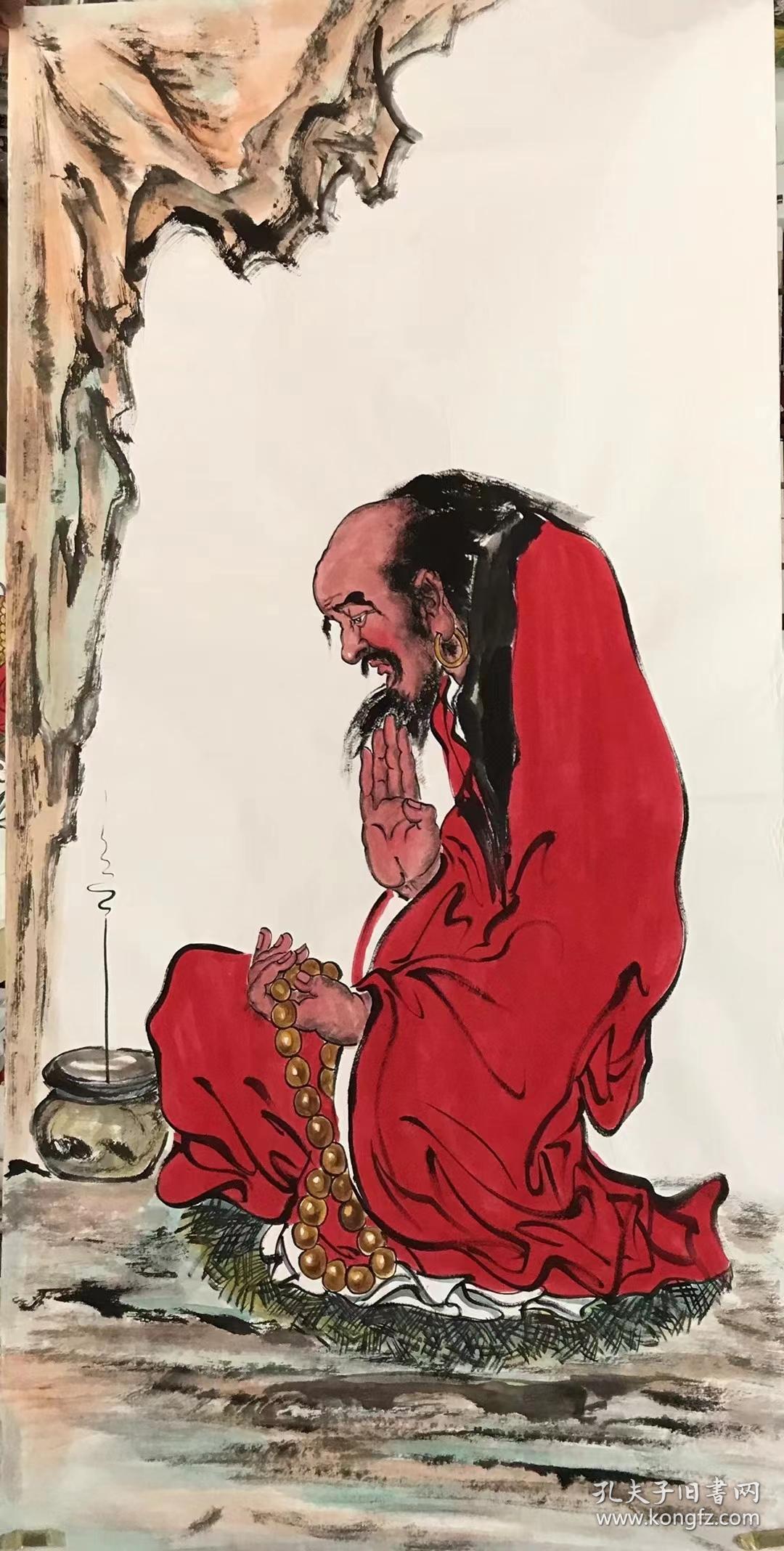 周一新4尺竖幅精品达摩(达摩面壁,达摩一苇渡江)137*70_国画_孔夫子