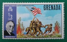 格拉纳达邮票  在硫磺岛升起美国国旗 1枚新 有背贴