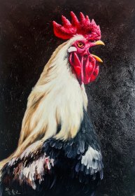 朝鲜油画，纯手绘油画，动物油画，公鸡油画，《鸿运当头》