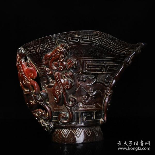 舊藏牛角雕刻獸紋螭龍酒杯擺件，長17厘米寬13.5厘米高13.5厘米，重628克，6g