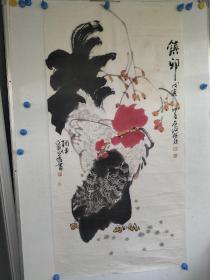 四川著名书画家 李光伟画 公鸡《镇邪》李道熙题跋 品相稍差 尺寸138x69，，