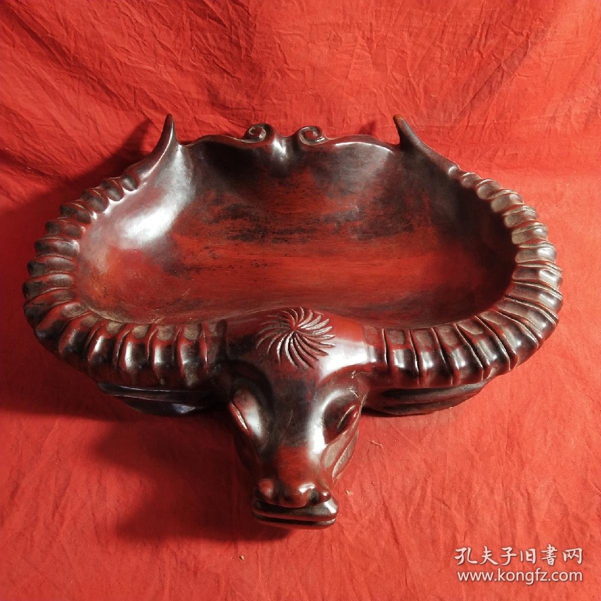 花梨木笔洗纯手工整木雕刻牛头寓意好全品无瑕疵尺寸品相如图
