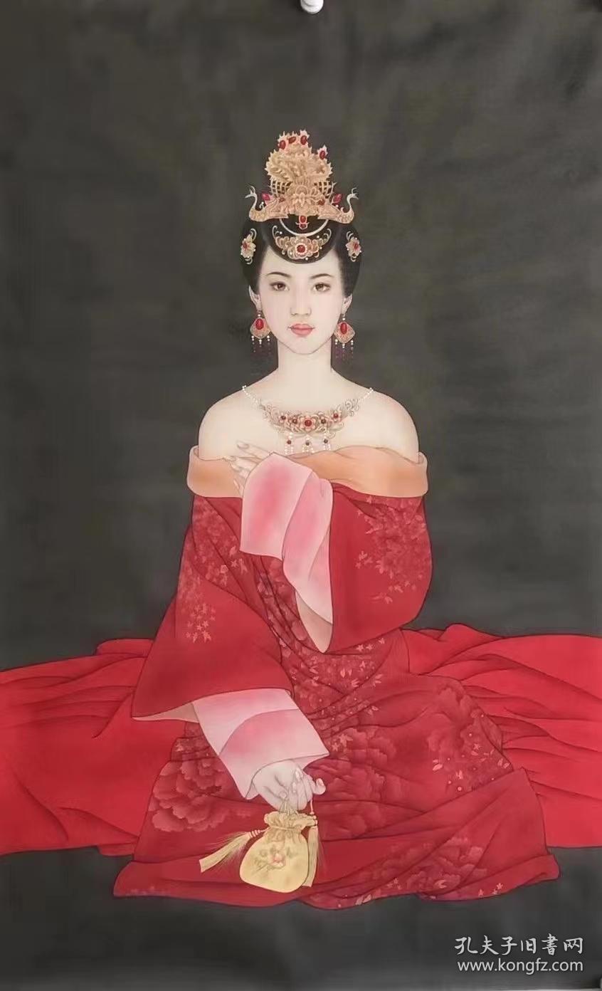 张冬蕊,可合影, 工笔 仕女图 精品(中国红)绢本_国画_孔夫子旧书网