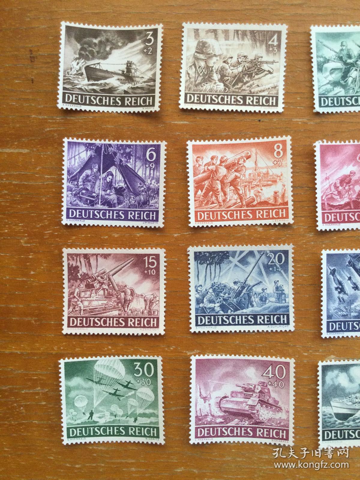 二战纳粹德国邮票一套武器装备12枚全新票上上品原胶无贴胶润亮实图