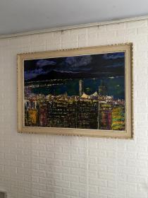 名家 佐竹稔油画 大尺幅《海港都市-夜景》原装木框 作品是在三合板上