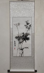手工国画水墨花鸟画条幅墨竹竹子全绫装裱画轴直接悬挂高110厘米宽45厘米2号