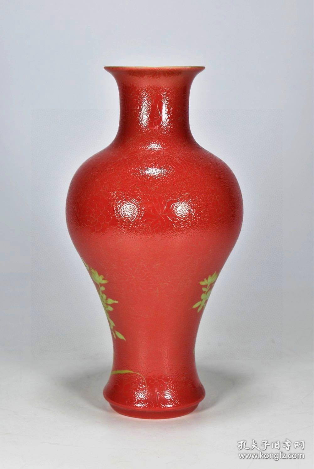 红釉暗刻工满扒花鎏金加彩花鸟果实纹观音瓶古董古玩古瓷器老货收藏品