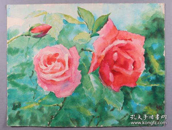 著名著名連環畫大家，油畫家、國畫家，曾任上海美術家協會理事 韓和平水彩畫稿《玫瑰花》一幅（尺寸27*35cm）