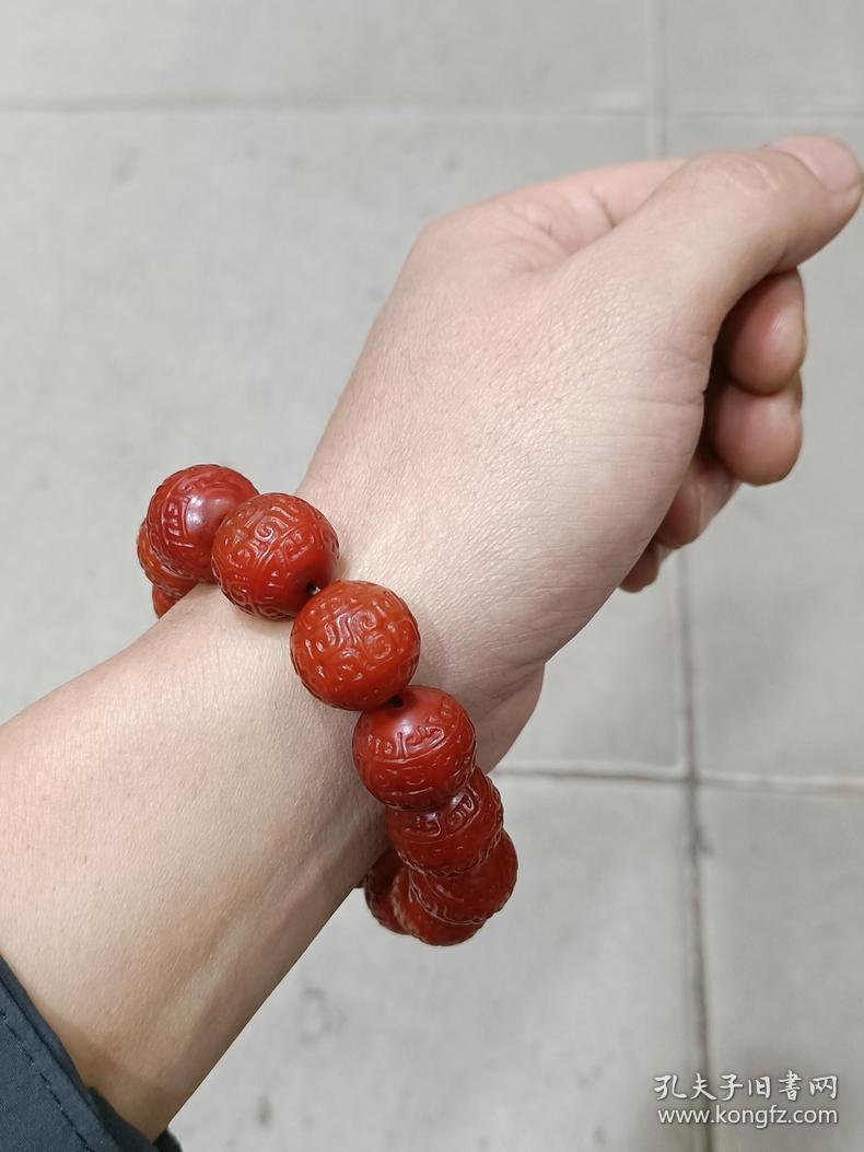 明清代老南红玛瑙满柿子红精雕勾连云纹赤珠佛珠手串