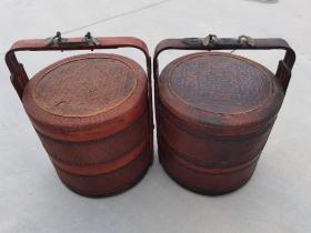 清末民初时期老竹编食盒一对，纯手工雕刻，尺寸如图