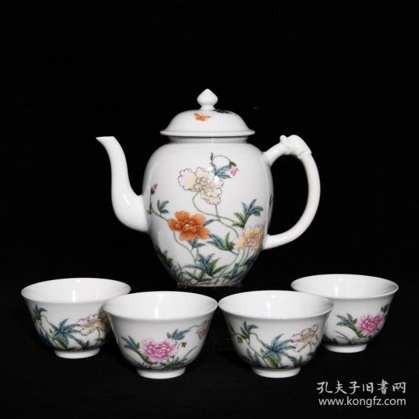 雍正粉彩虞美人花卉紋茶具，壺高14.8cm直徑16cm，