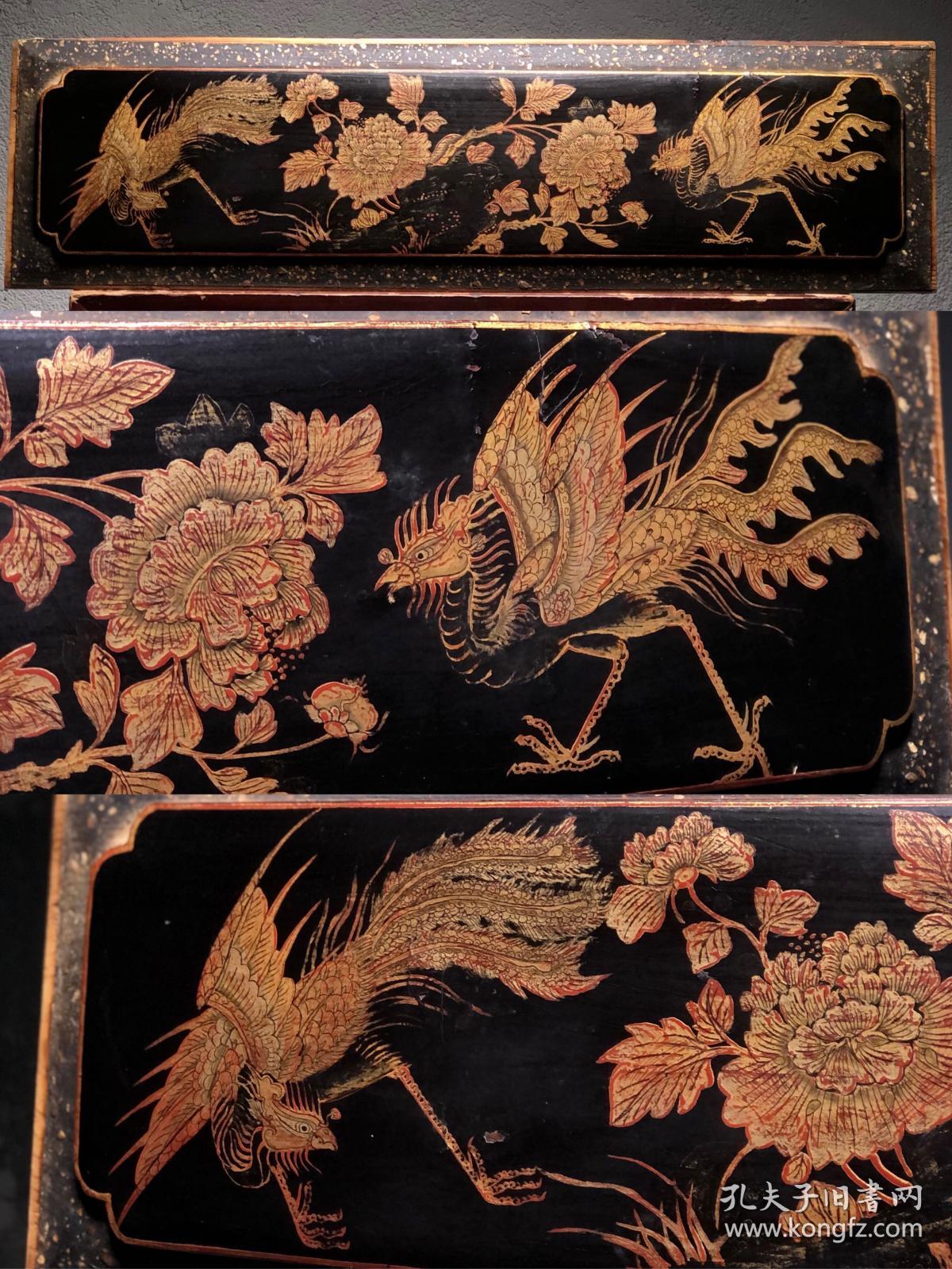 清代描金鹤鹿同春双福木雕