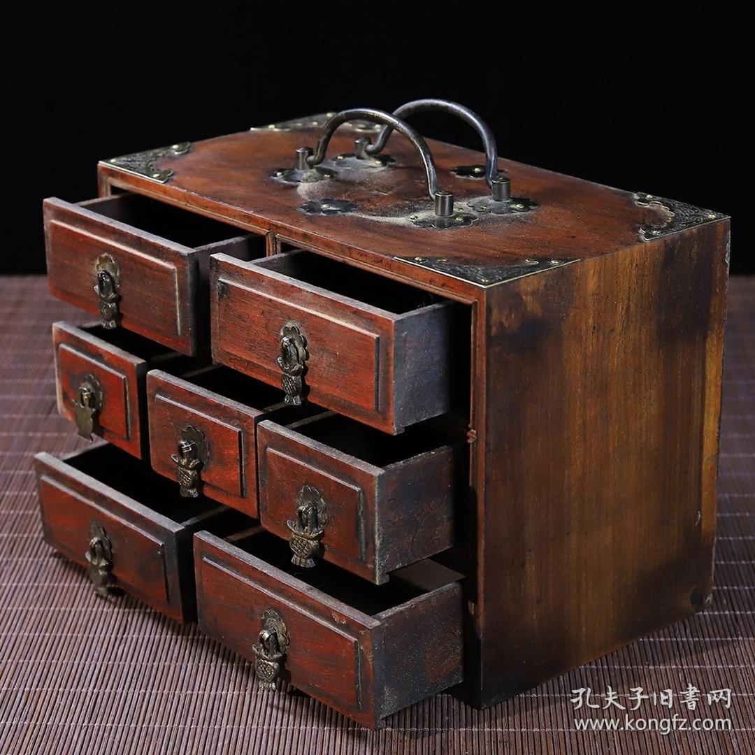 民俗老物件旧货花梨木包铜老式七抽首饰盒摆件