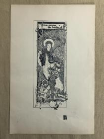 英国黄金时代插画家Charles Robinson线刻版藏书票 《指路的少女》超大尺寸 ,票主（Fred W. Brown)