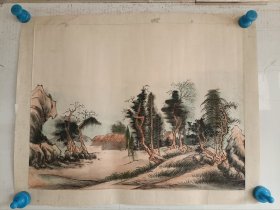 七八十年代，纸本绢本手绘，山水小品一副，有一印章不识，镜心旧裱，画心尺寸43x33厘米 包老包真包手绘