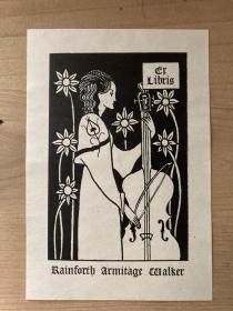 1893年比亚兹莱原版藏书票，《拉大提琴的女人）Japan paper印制