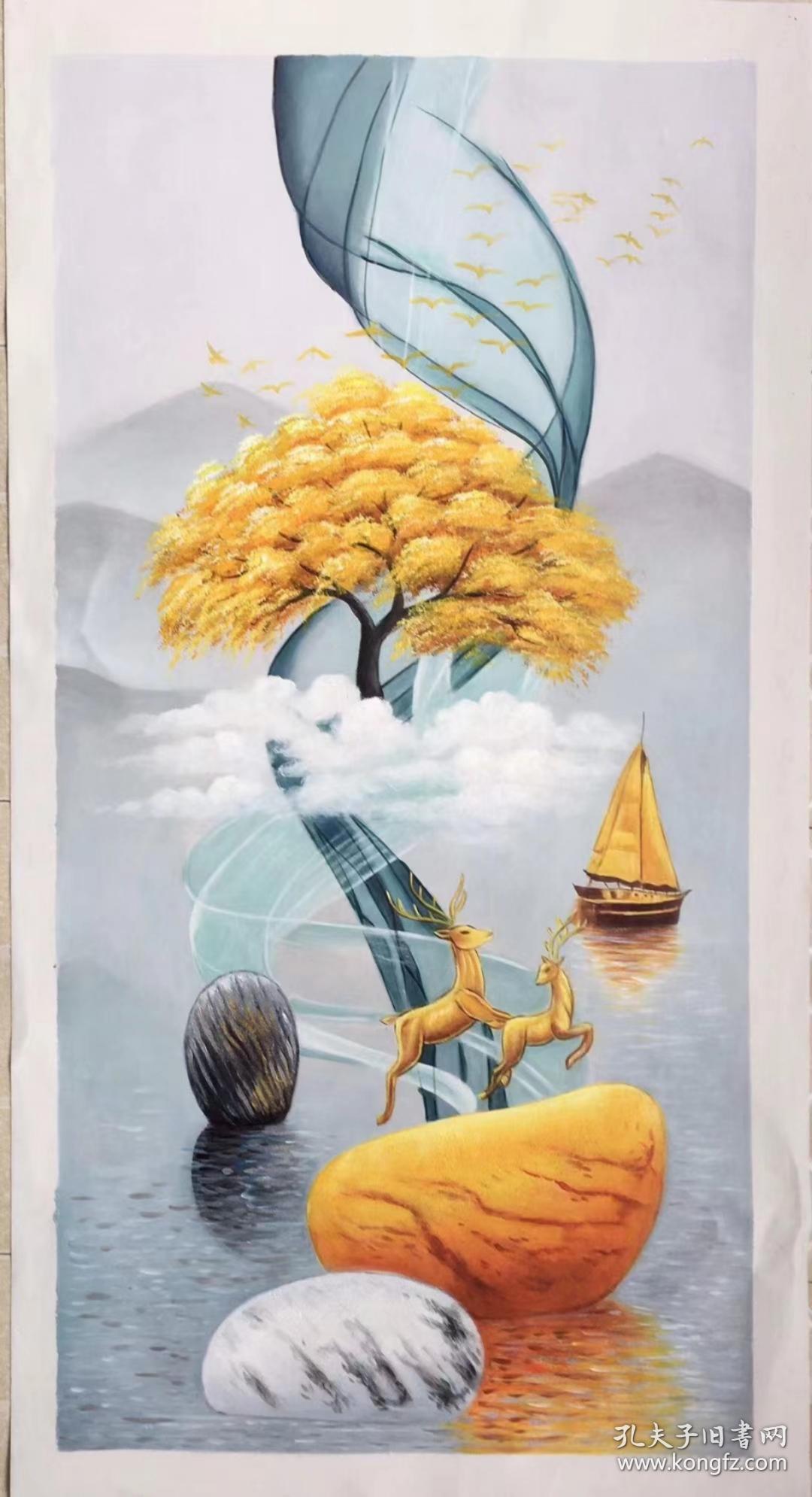 油画 发财鹿,60*120