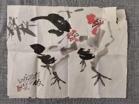 丁绍先写意花鸟画一幅，画工可以，公鸡生动，画面右上角有撕裂痕迹，介意者慎拍