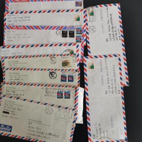 加拿大寄北京家信（航空信封，单颖），有信封有邮票有信件7份+有封有信1份+有信封有邮票无信件2封共10件合售