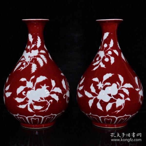 大明宣德红釉留白三果纹玉壶春瓶32.5×20