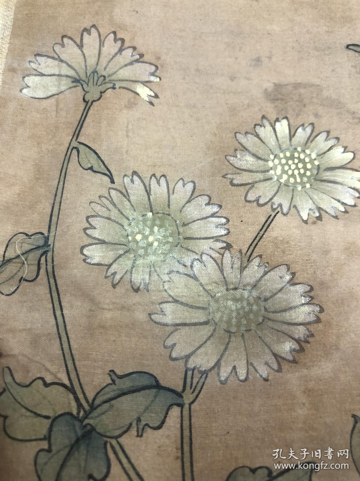 老旧绢画苏州户出工笔牡丹雏菊