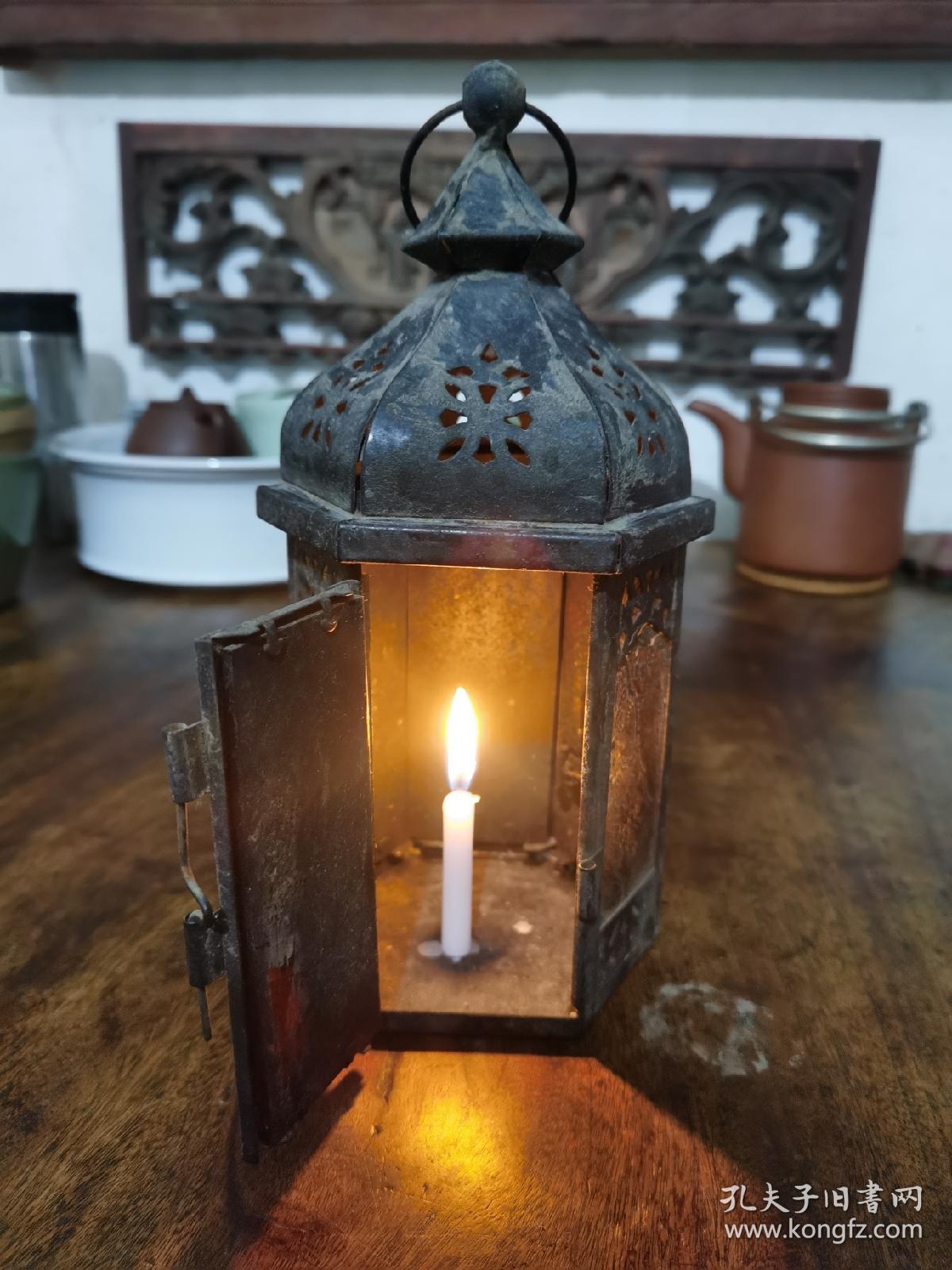 晚清民国时期嵌西洋花卉琉璃六角形铜提灯800元东西很少见保存完整更