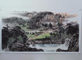 保真书画，陕西名家，朱满林六尺整纸山水画《依山傍水》一幅，纸本托片，尺寸96×179cm。