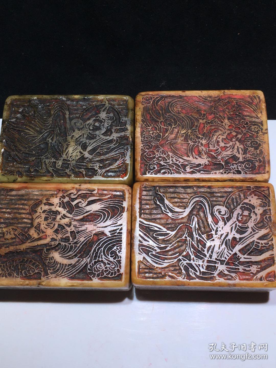 旧藏一套寿山石名家弘一八枚细线工艺飞天菩萨佛像花押印章成套收藏