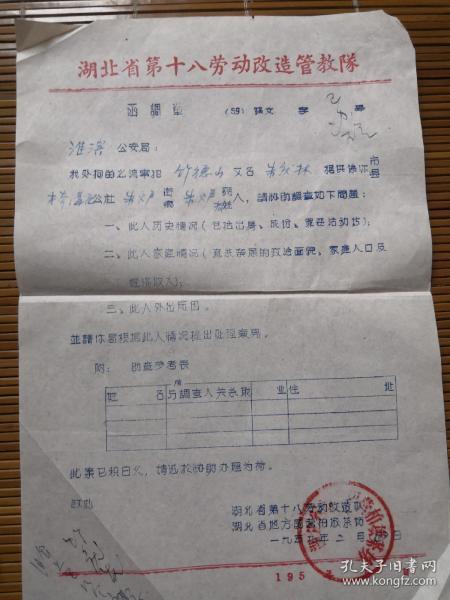 1959年湖北省第十八劳动改造管教队函调单作者：不详出版社：湖北省