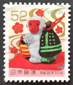 日本信銷郵票 年賀系列 2016年 大津絵十二支鈴の申（猴生肖 櫻花目錄N152）