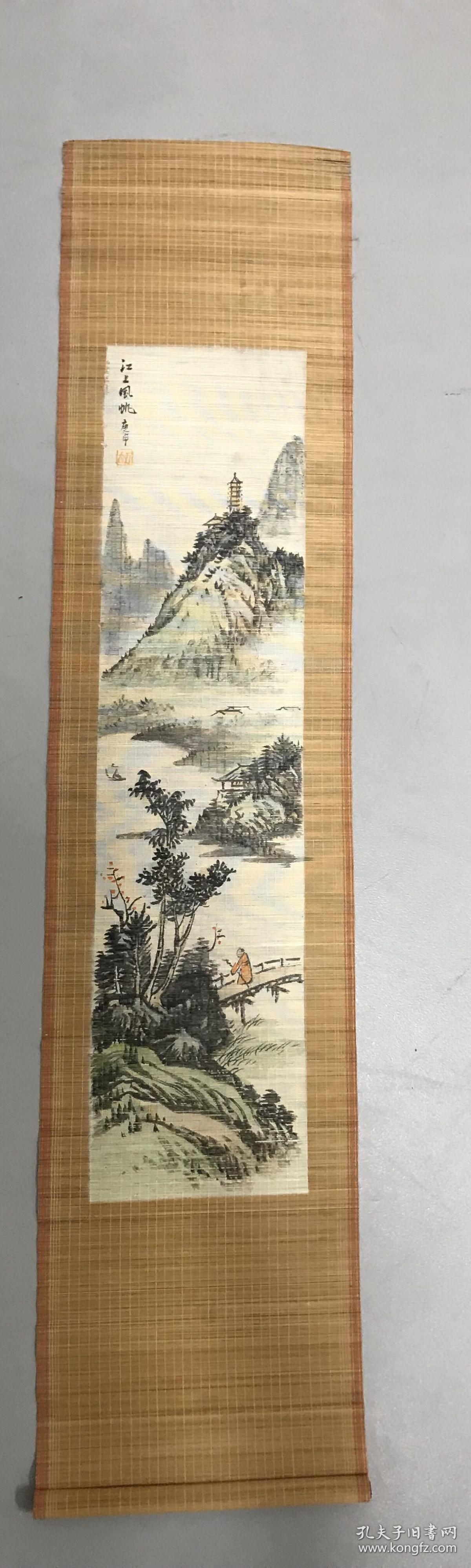 竹丝画帘 江上风帆 画心56x15cm