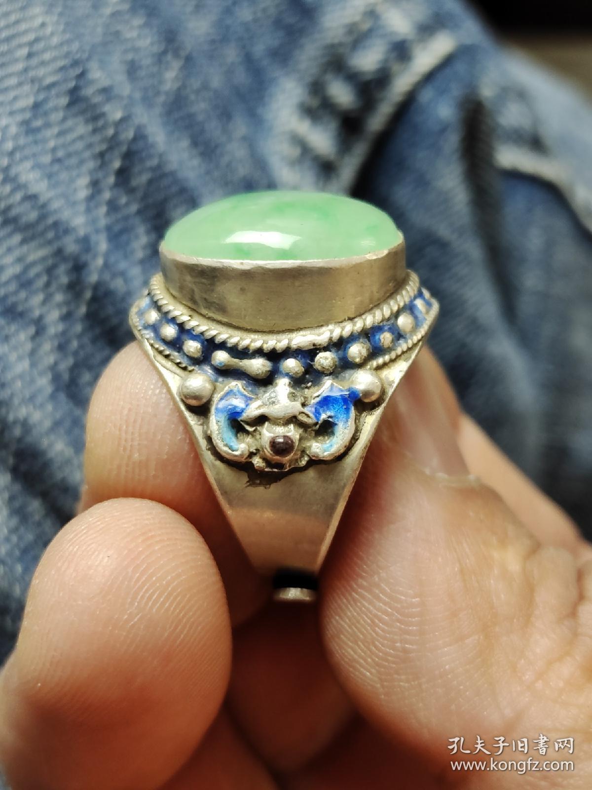 奉天款 纯银烧蓝嵌翡翠戒指