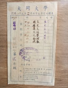 大同大学，民国31年度第二学期学生学行成绩表，品好