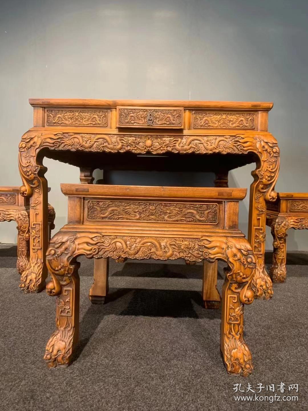 清代海南黄花梨方桌五件套古董传世黄花梨老家具