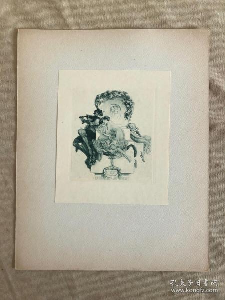奧地利藝術大師拜勞斯精品蝕刻銅版畫藏書票 ，Japan vellum紙印制《裸女與小提琴家》  Sigmund Stossel
