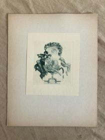 奧地利藝術大師拜勞斯精品蝕刻銅版畫藏書票 ，Japan vellum紙印制《裸女與小提琴家》  Sigmund Stossel