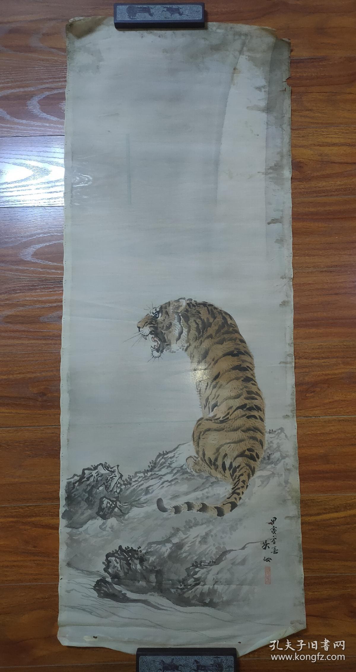 日本画虎名家三尾吴石18841946手绘大幅绢本老虎