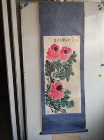 钱彰武，水墨手绘花卉一副，立轴旧裱，品相较差，画心尺寸92x44厘米
