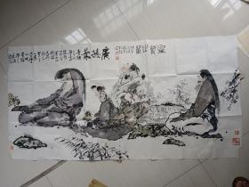 四川著名书画家，李道熙题跋，沈道鸿绘画，四尺人物画横幅一副 大尺寸137x68