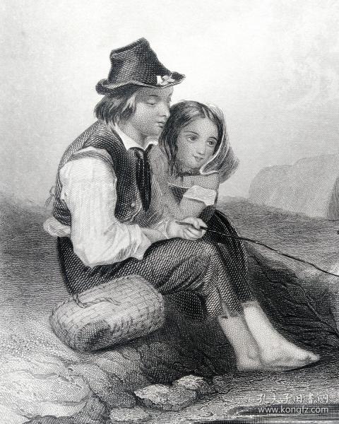 1845年鋼版畫，《釣魚的吉普賽少年》(GIPSY ANGLERS）--出自佩恩版畫集，紙張尺寸26.5*20cm，紙發黃，7品。